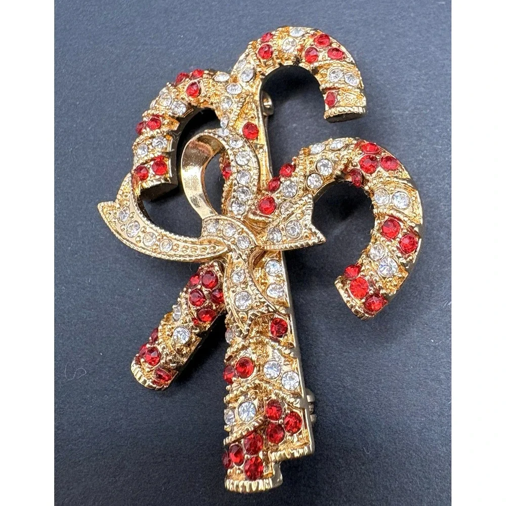 Monet Candy Cane Bow Brooch Christmas Pin Red Rhinestones Gold Tone w/ Box
